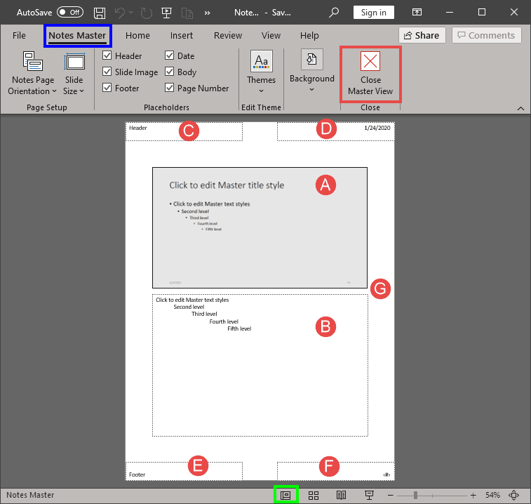 Notes Master view in PowerPoint 365