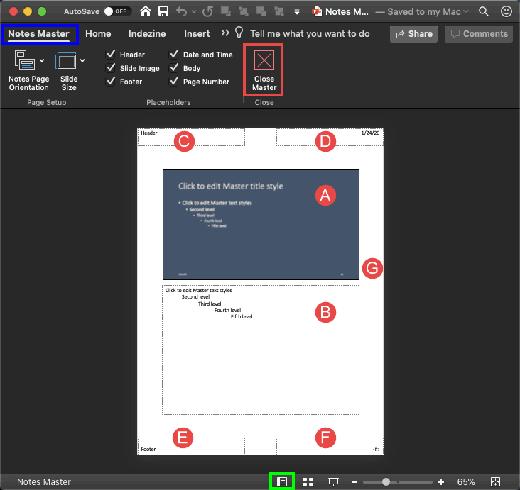 Notes Master view in PowerPoint 365 for Mac