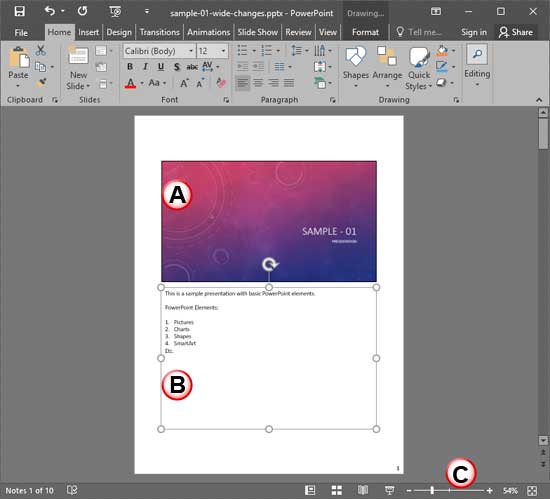 Notes Page view in PowerPoint 2016