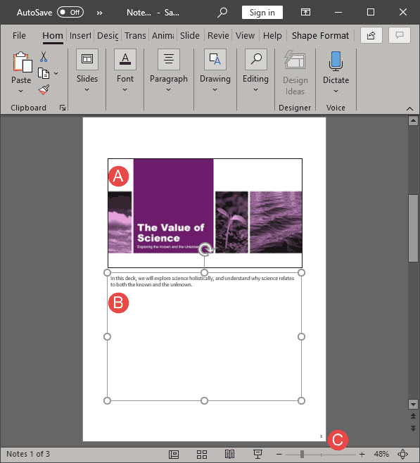 Notes Page view in PowerPoint 365 Windows