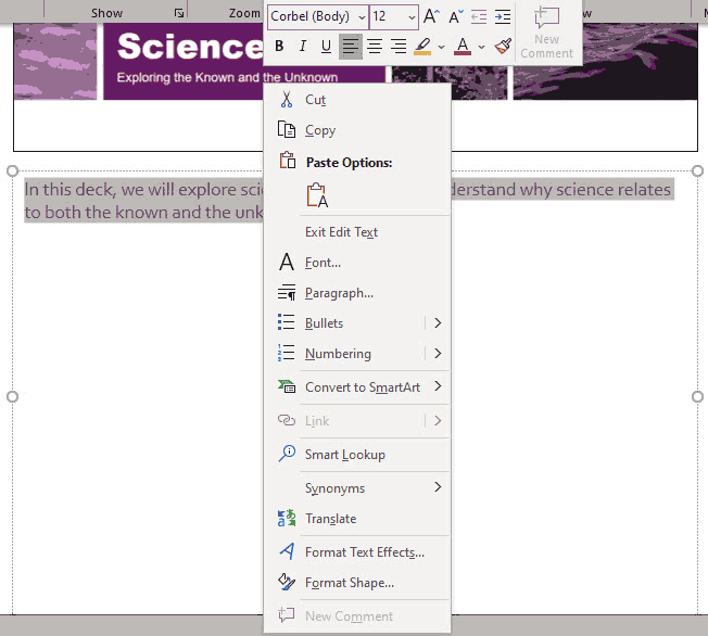 Format your text using the Mini Toolbar