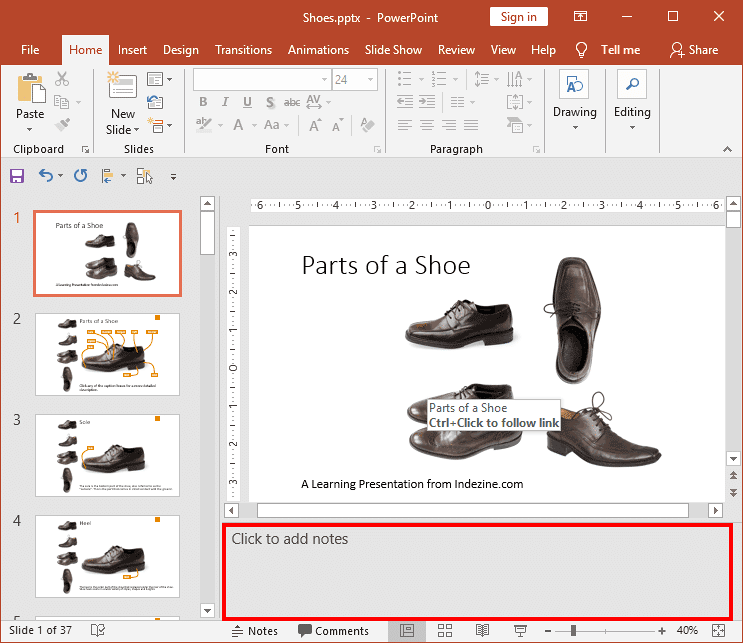 Notes Pane in PowerPoint 2019 Notes Pane in PowerPoint 2019
