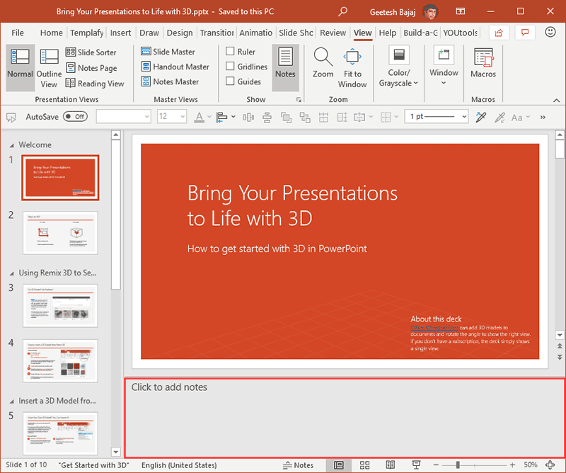 Notes Pane in PowerPoint 365 for Windows