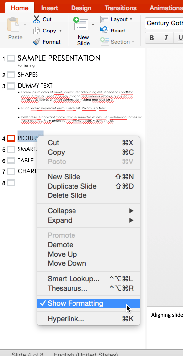 Show Formatting option enabled