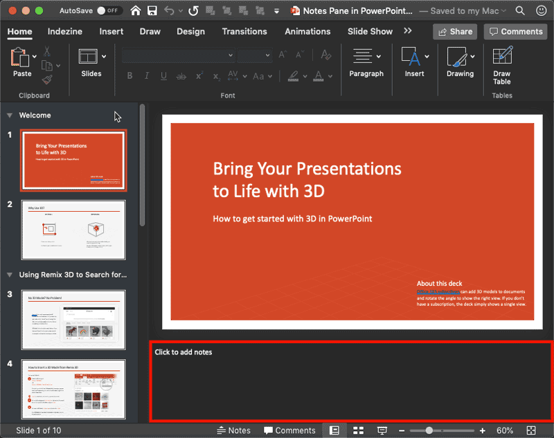 Notes Pane in PowerPoint 365 for Mac Notes Pane in PowerPoint 365 for Mac
