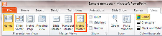 Notes Master button within Master Views group Notes Master button within Master Views group