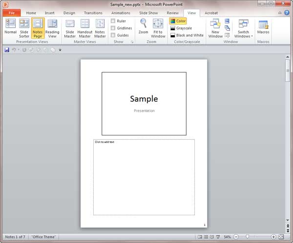 Notes Page view in PowerPoint 2010
