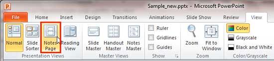Notes Page button within Presentation Views group