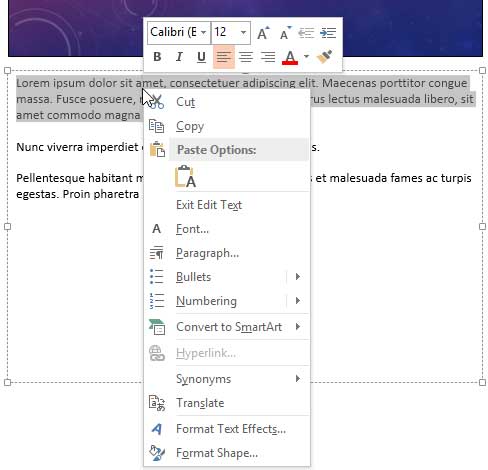 Format your text using the Mini Toolbar Format your text using the Mini Toolbar