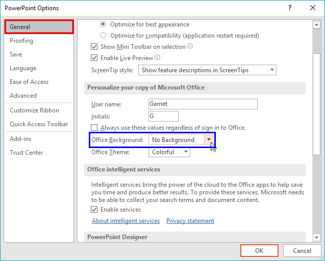 PowerPoint Options dialog box