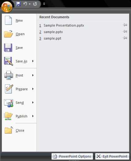 Office Button menu options Office Button menu options