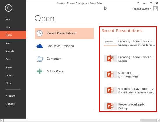 Recent Presentations section in Backstage view