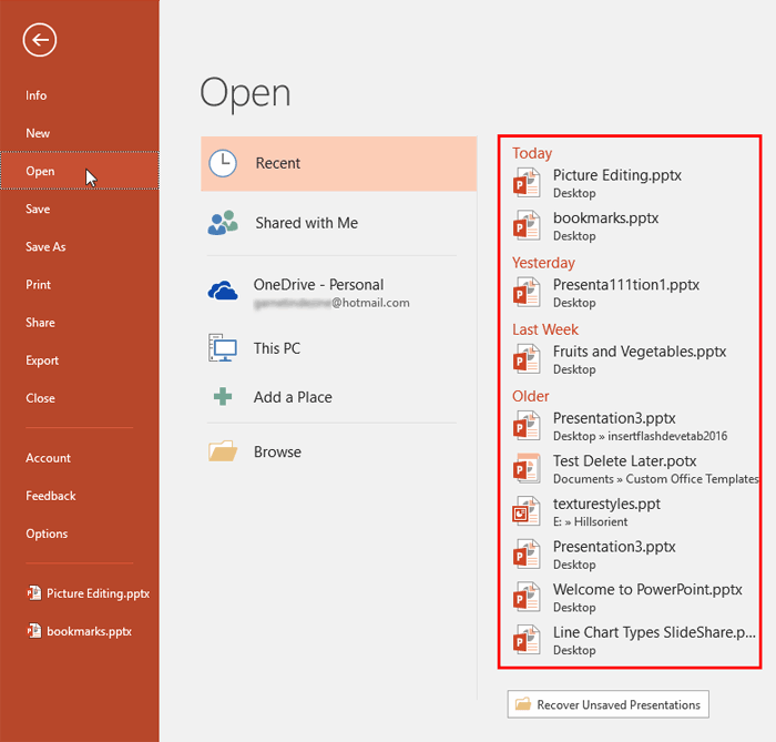 Recent Presentations section in Backstage view