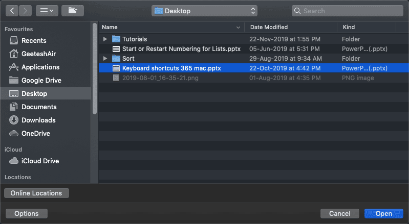 Open file types in PowerPoint 365 for Mac
