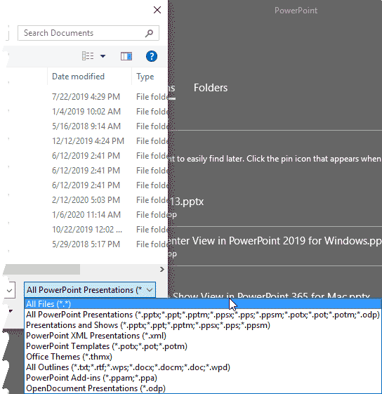 Open file types in PowerPoint 2019