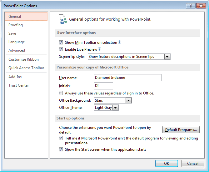 PowerPoint Options dialog box