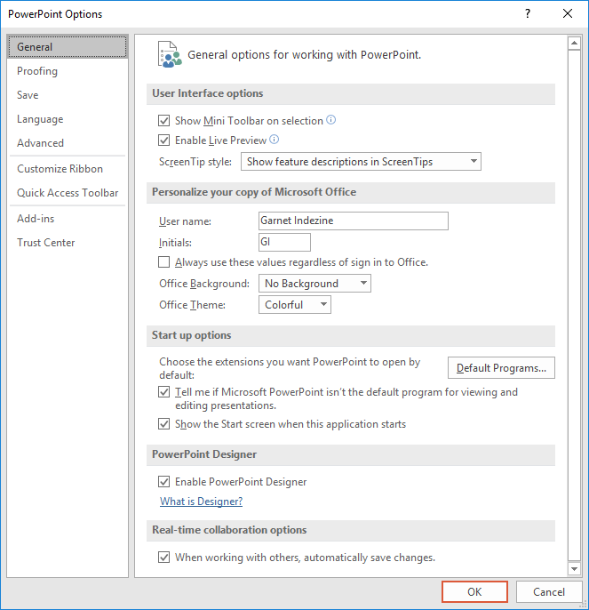 PowerPoint Options dialog box