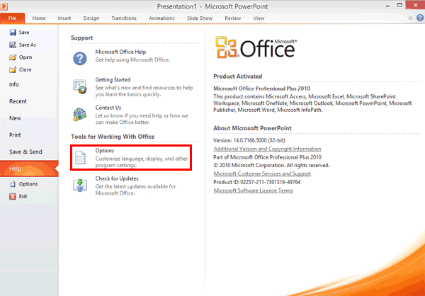 Help options within Backstage view