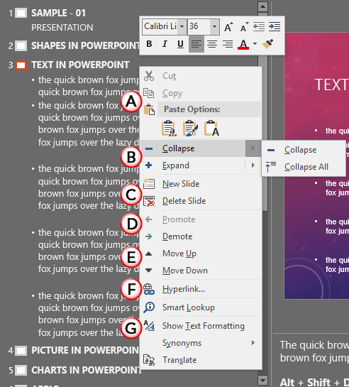 Context menu within Outline pane Context menu within Outline pane