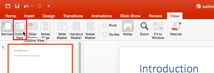 Outline button within Presentation Views group Outline button within Presentation Views group