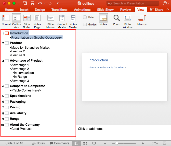 Outline Pane within PowerPoint interface Outline Pane within PowerPoint interface