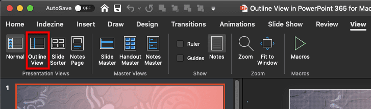 Outline View button within Presentation Views group Outline View button within Presentation Views group