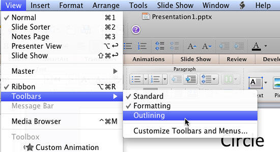 Outlining Toolbar can be activated using the View | Toolbars menu option