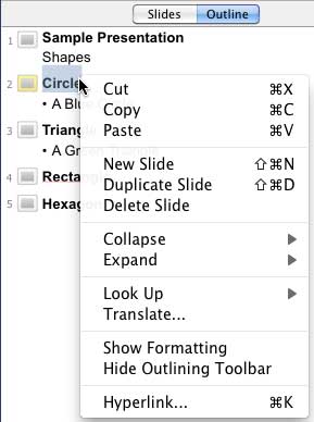 Context menu in the Outline pane