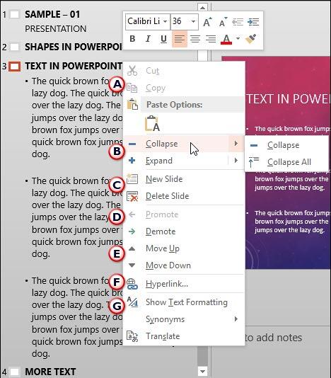 Context menu within Outline pane Context menu within Outline pane