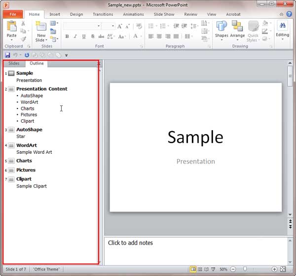 Outline pane in PowerPoint 2010 Outline pane in PowerPoint 2010