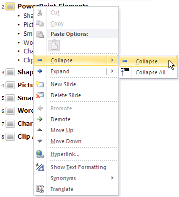 Outline tab edit options Outline tab edit options