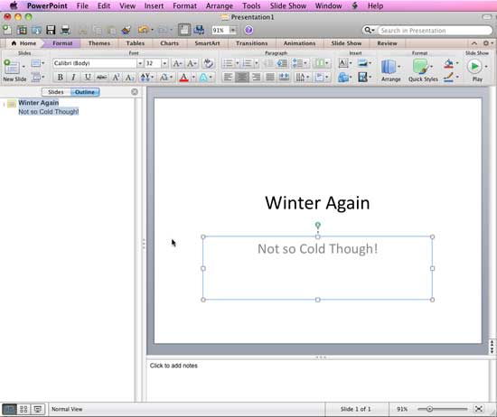 Text you type in placeholders shows in the Outline pane