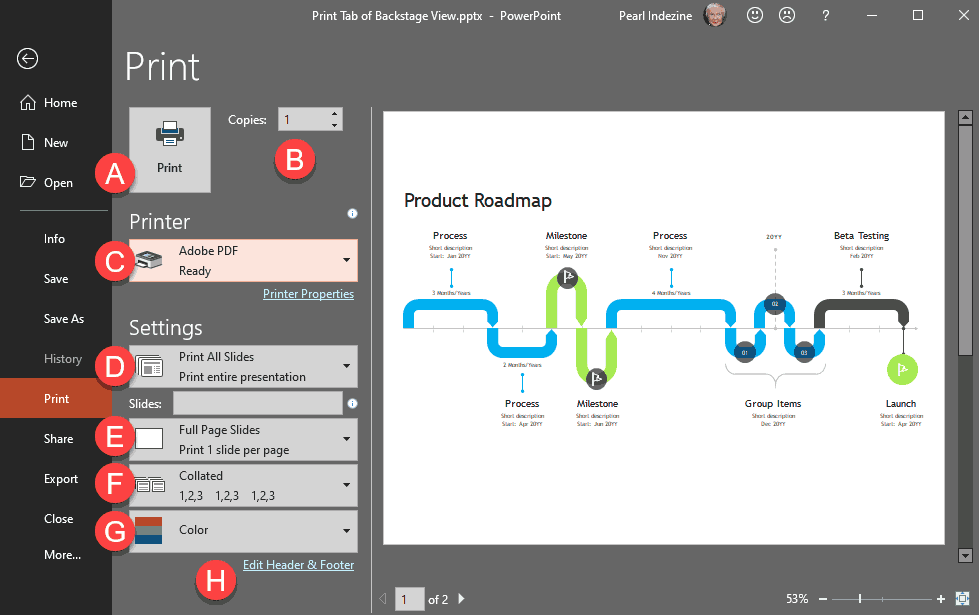 Print option selected within backstage view
