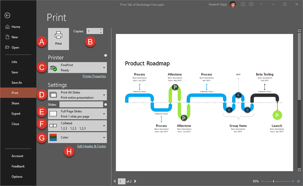Print option selected within backstage view