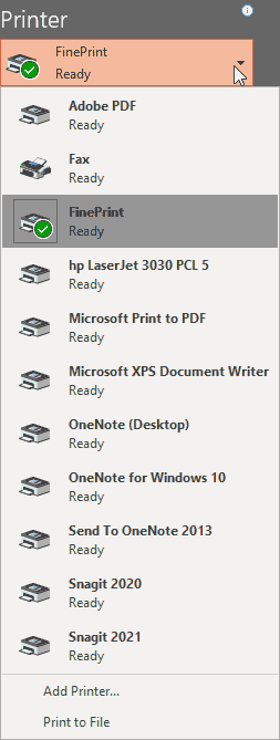 Printer drop-down list Printer drop-down list