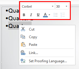 Mini Toolbar accessed by right-clicking the selected text