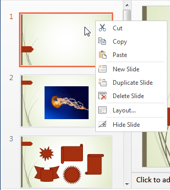 Right-click contextual menu for the slide within Slides Pane