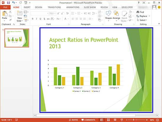 Widescreen slide changed to standard size with Ensure Fit option selected