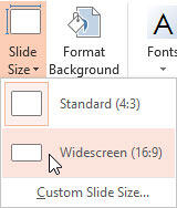 Widescreen (16:9) option within Slide Size drop-down gallery