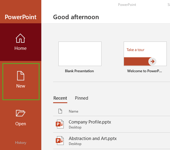 Backstage view in PowerPoint 2019 for Windows Backstage view in PowerPoint 2019 for Windows