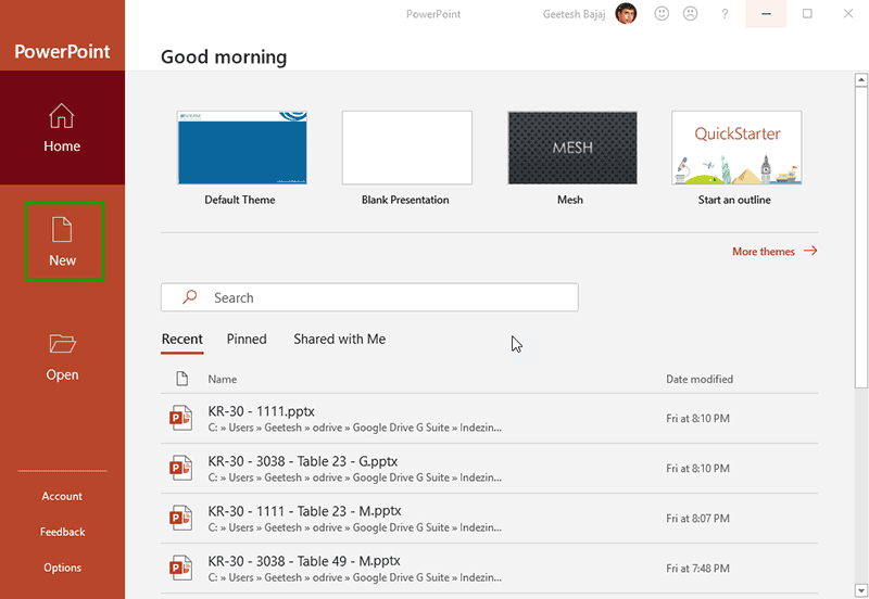 Backstage view in PowerPoint 365 for Windows