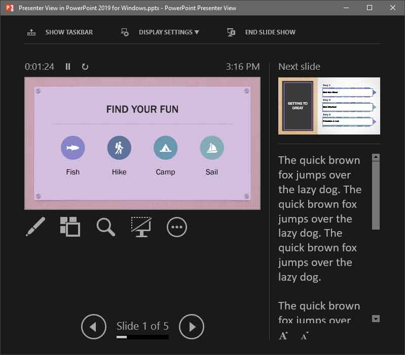 Presenter view in PowerPoint 2019