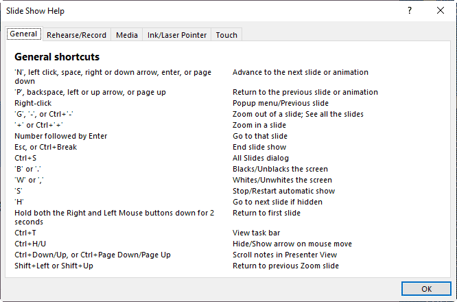 Keyboard shortcuts for presenting Keyboard shortcuts for presenting