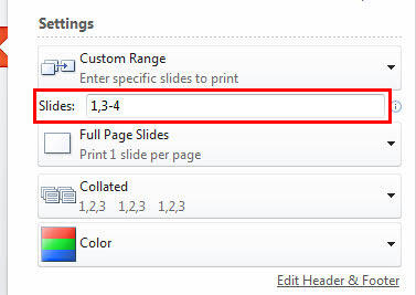 Slide numbers and slide ranges to print