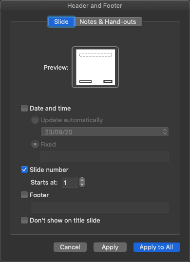Header and Footer dialog box