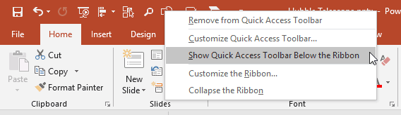 Show Quick Access Toolbar Below the Ribbon option selected
