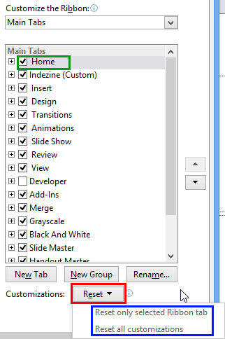 Reset drop-down menu