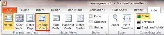 Reading View button within Presentation Views group Reading View button within Presentation Views group