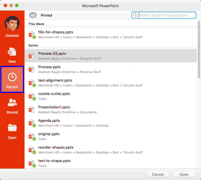 Recent Tab in Backstage View in PowerPoint 2016 for Mac