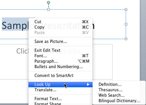 Look Up option submenu Look Up option submenu